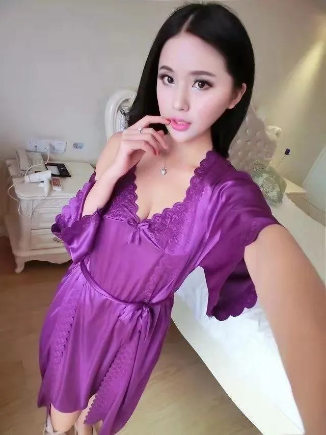 2 Pcs Satin Short Night Dress & Full Sleeves Robe - Rose Pink