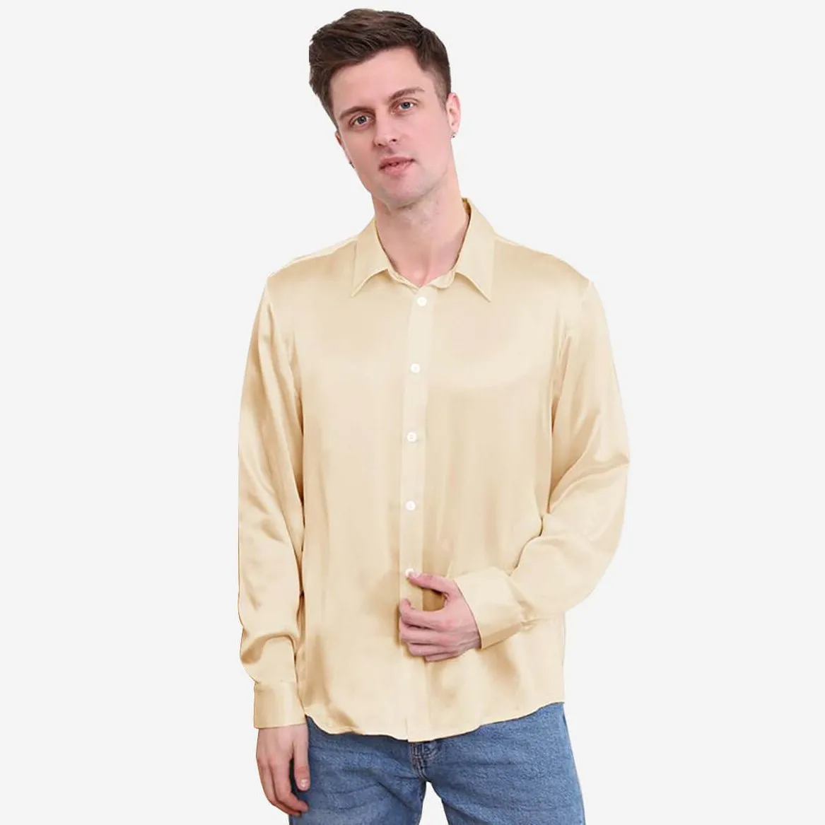 22 Momme Classic Business Mens Silk Shirts Long Sleeves Silk Top