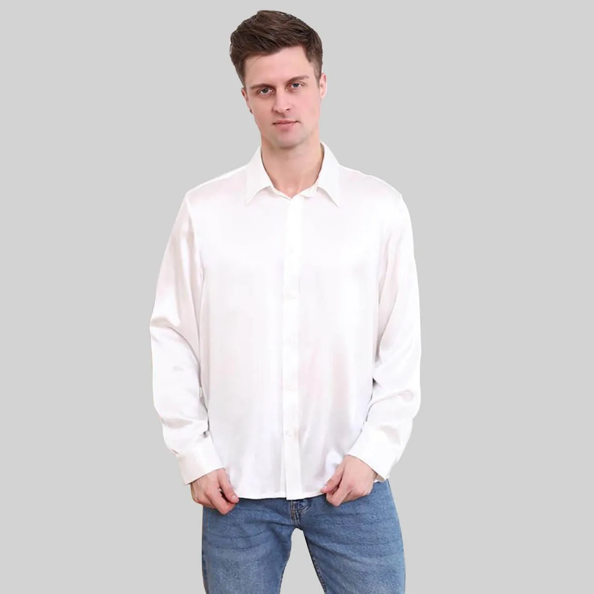 22 Momme Classic Business Mens Silk Shirts Long Sleeves Silk Top