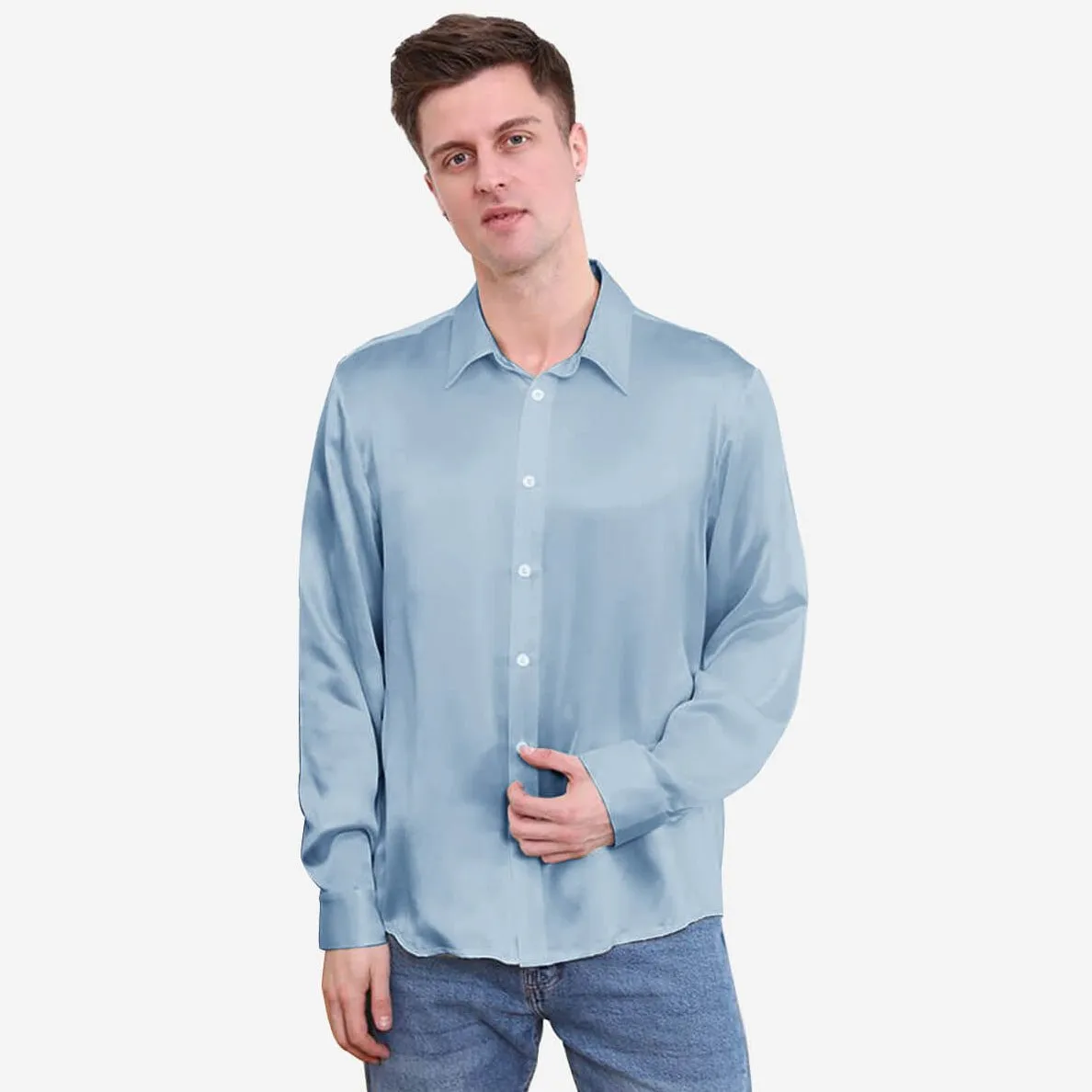 22 Momme Classic Business Mens Silk Shirts Long Sleeves Silk Top