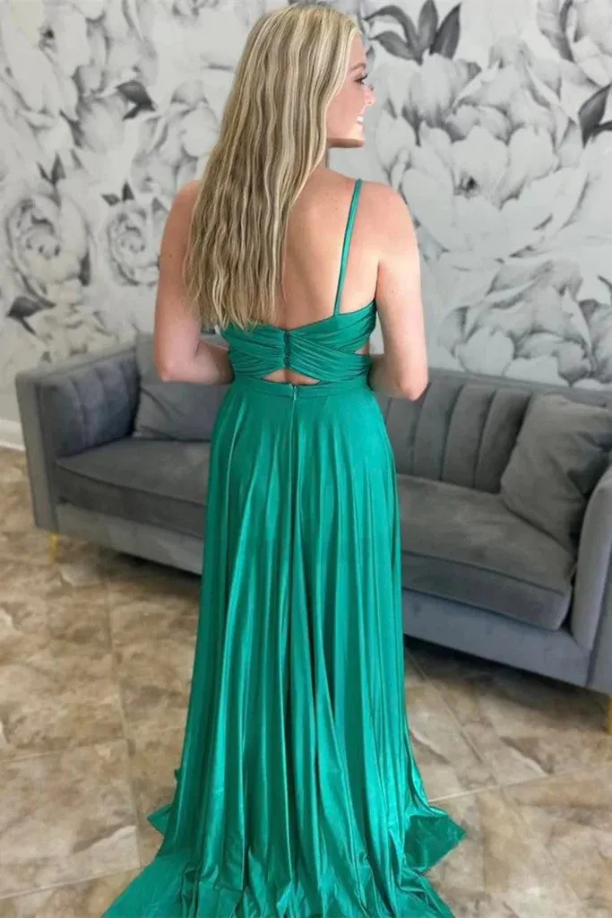 A Line V Neck Open Back Green Long Prom Dress, A Line V Neck Backless Green Long Formal Graduation Evening Dress