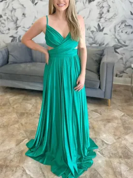 A Line V Neck Open Back Green Long Prom Dress, A Line V Neck Backless Green Long Formal Graduation Evening Dress