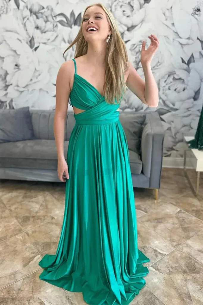 A Line V Neck Open Back Green Long Prom Dress, A Line V Neck Backless Green Long Formal Graduation Evening Dress