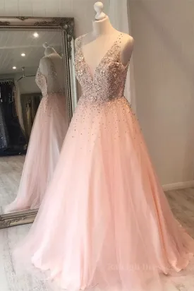 A Line V Neck Sequins Pink Long Prom Dress, Pink Formal Graduation Evening Dress