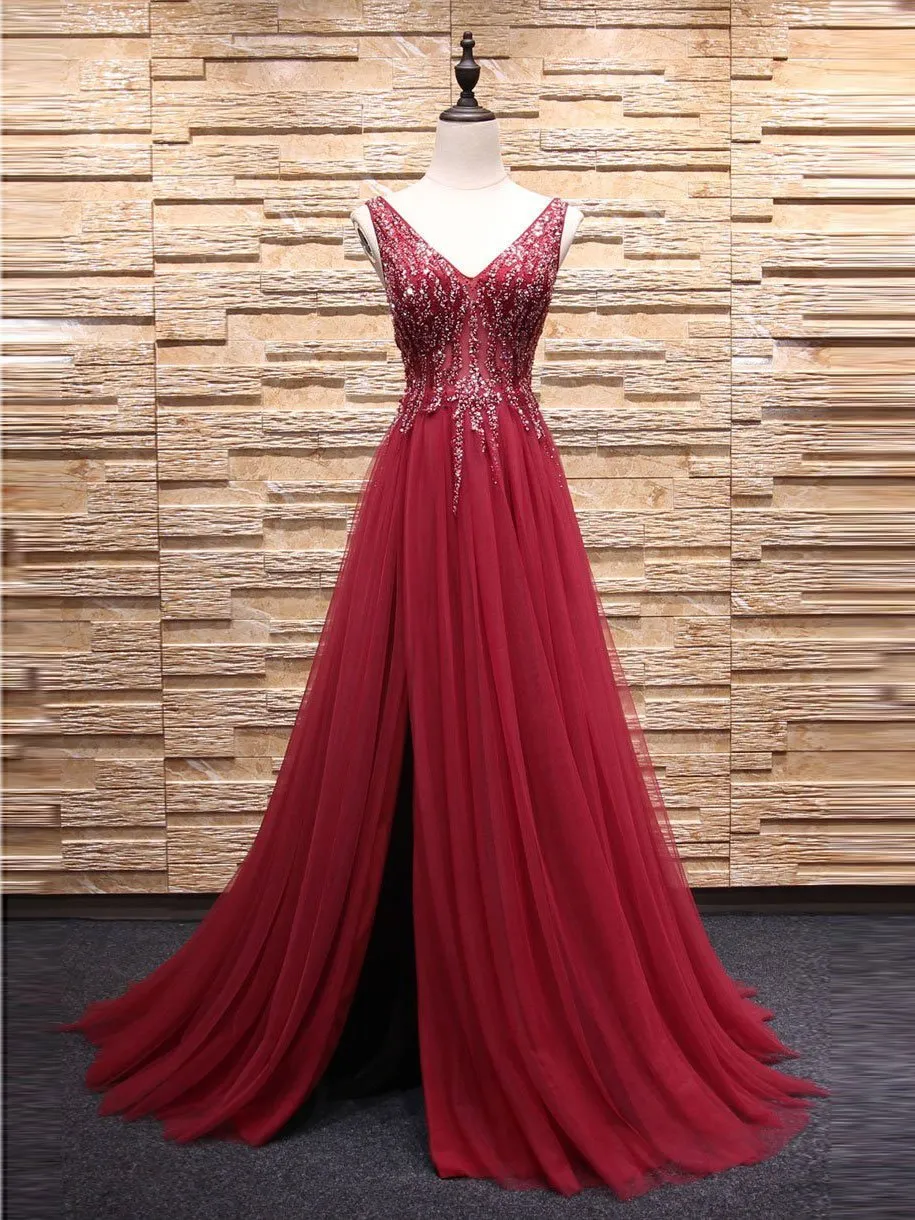 A-line V-neck Sweep Train Tulle Rhinestone Beaded Prom Dresses 3011