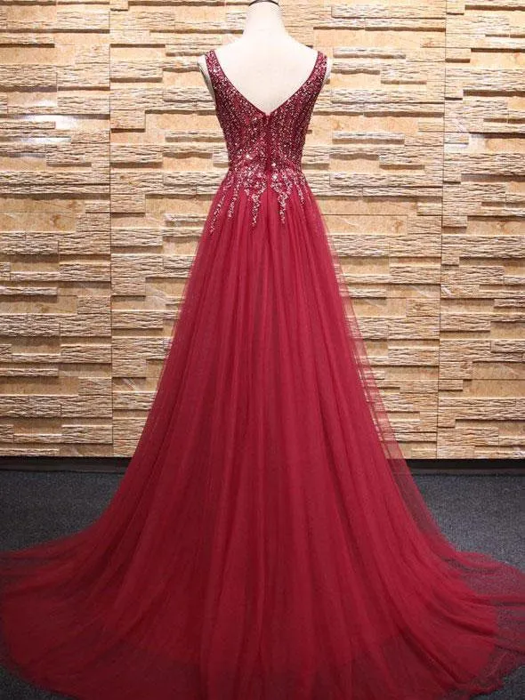 A-line V-neck Sweep Train Tulle Rhinestone Beaded Prom Dresses 3011