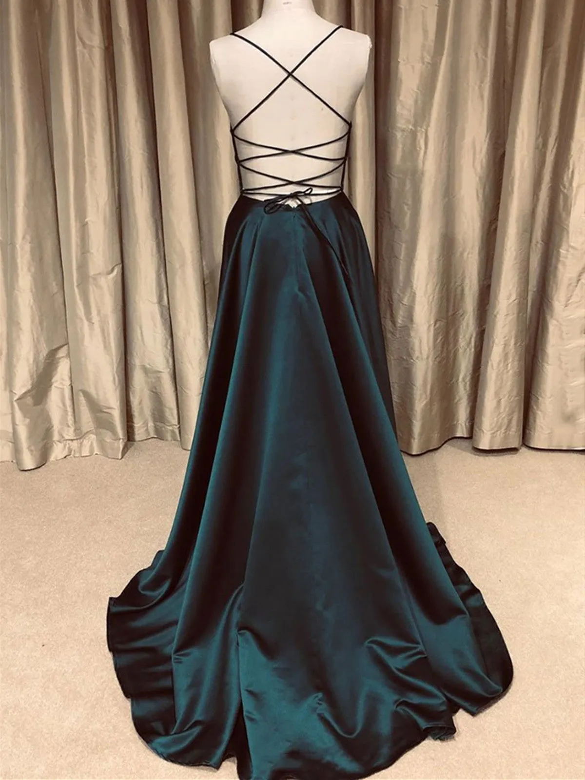 A V Neck Green Backless Long Prom Dresses, V Neck Backless Green Formal Graduation Evening Dresses