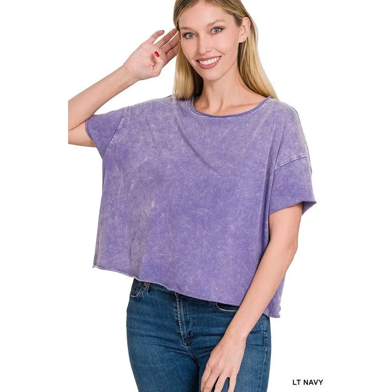 ACID WASH RAW EDGE SHORT SLEEVE CROP TOP