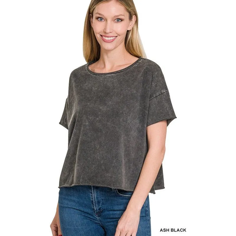 ACID WASH RAW EDGE SHORT SLEEVE CROP TOP