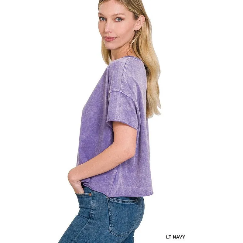 ACID WASH RAW EDGE SHORT SLEEVE CROP TOP