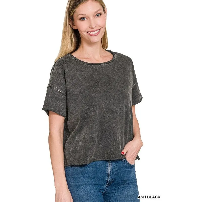 ACID WASH RAW EDGE SHORT SLEEVE CROP TOP