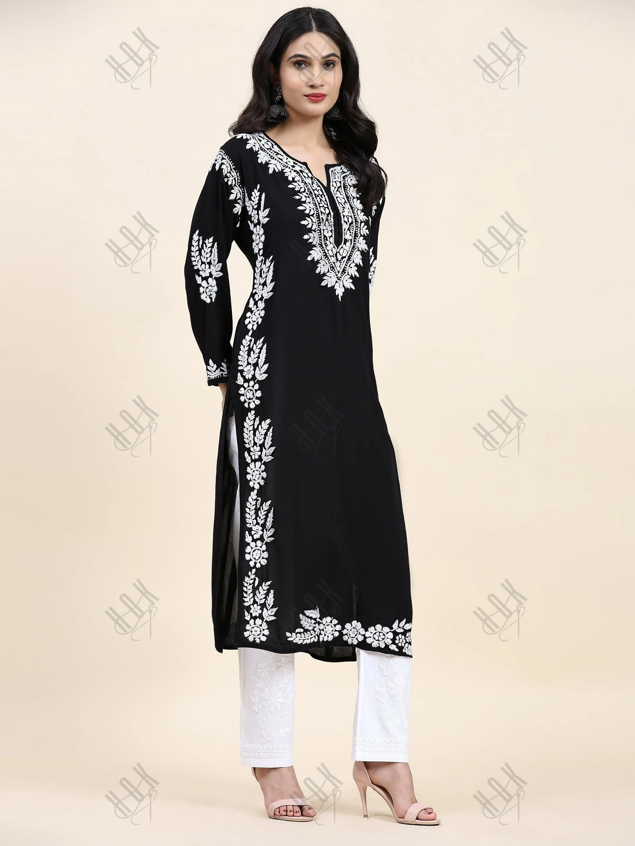 Aditi in HOK Chikankari Long Kurta in Modal Cotton for Women- Black