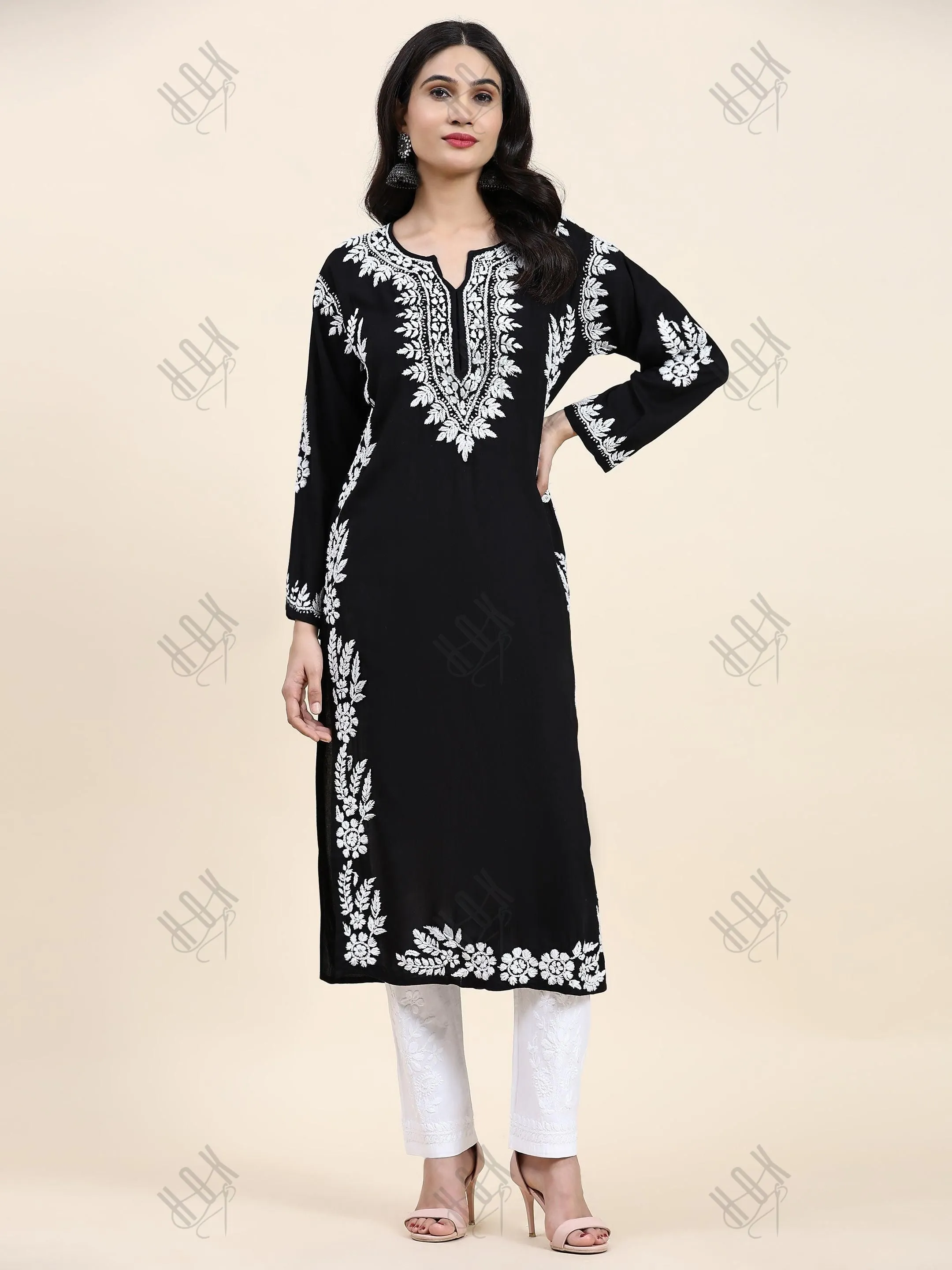 Aditi in HOK Chikankari Long Kurta in Modal Cotton for Women- Black