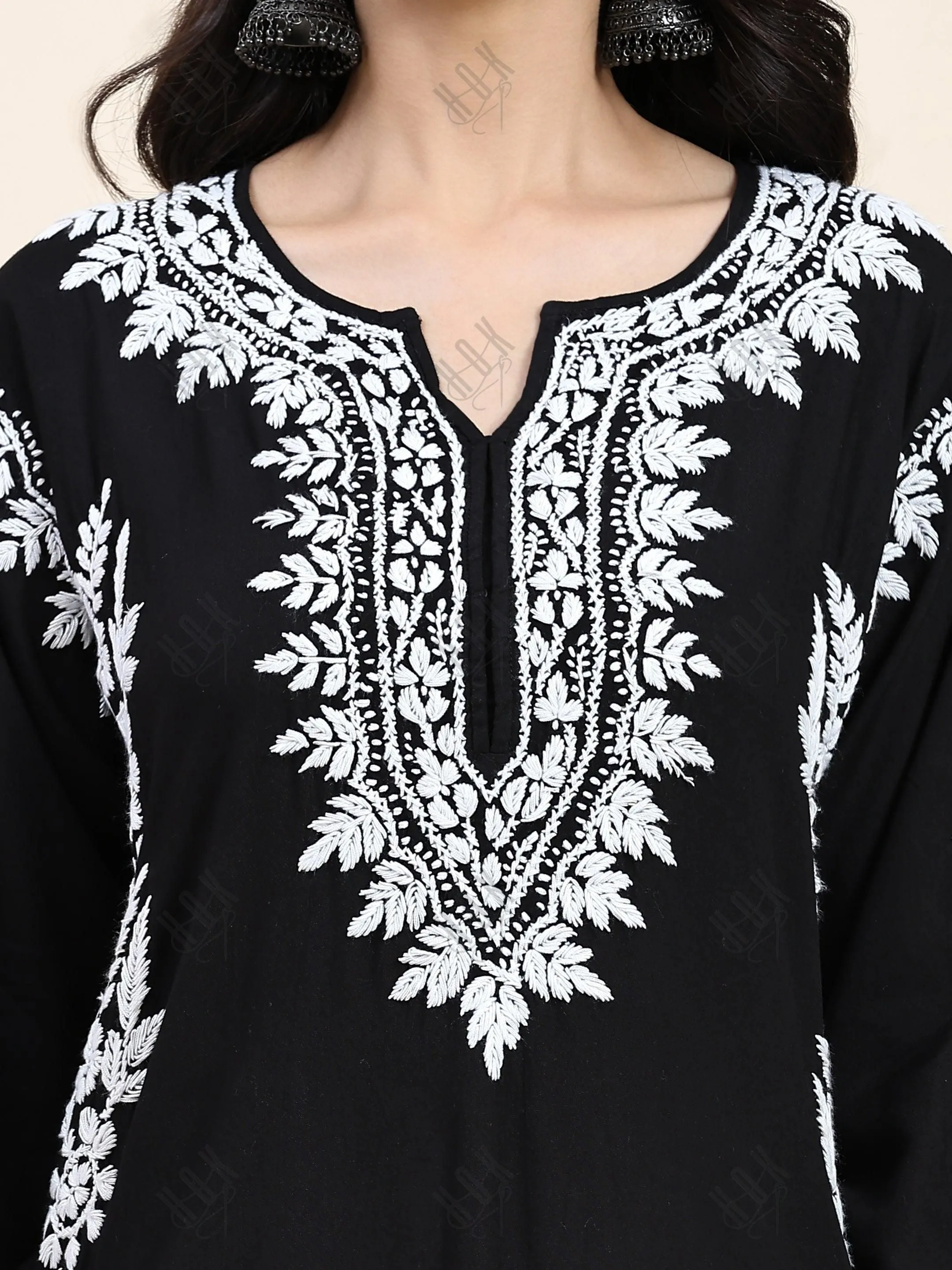 Aditi in HOK Chikankari Long Kurta in Modal Cotton for Women- Black