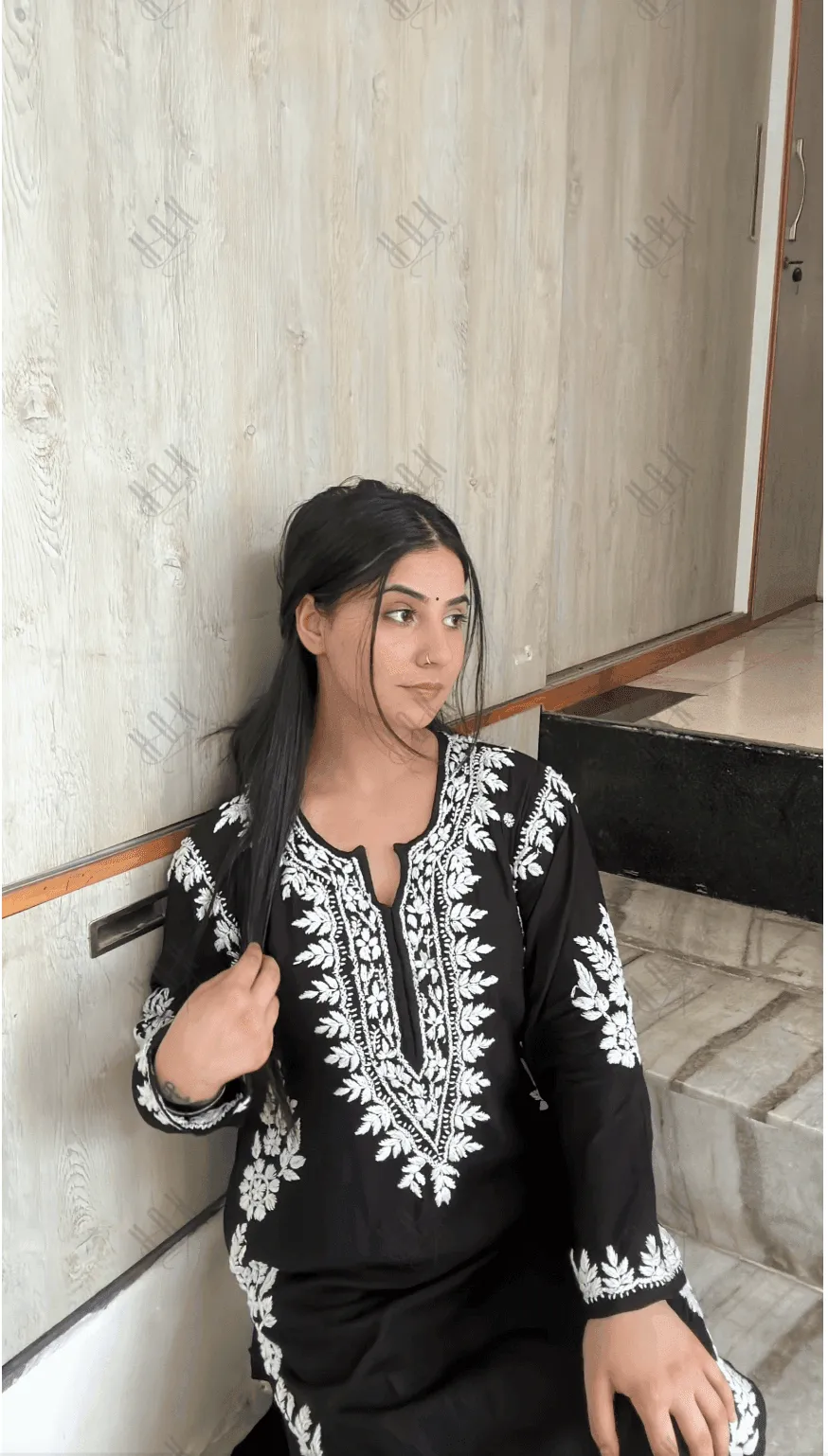 Aditi in HOK Chikankari Long Kurta in Modal Cotton for Women- Black