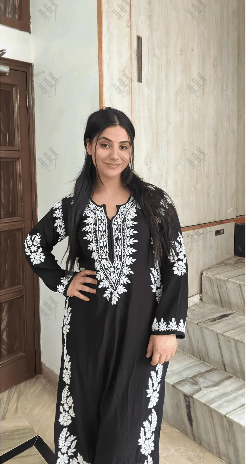 Aditi in HOK Chikankari Long Kurta in Modal Cotton for Women- Black