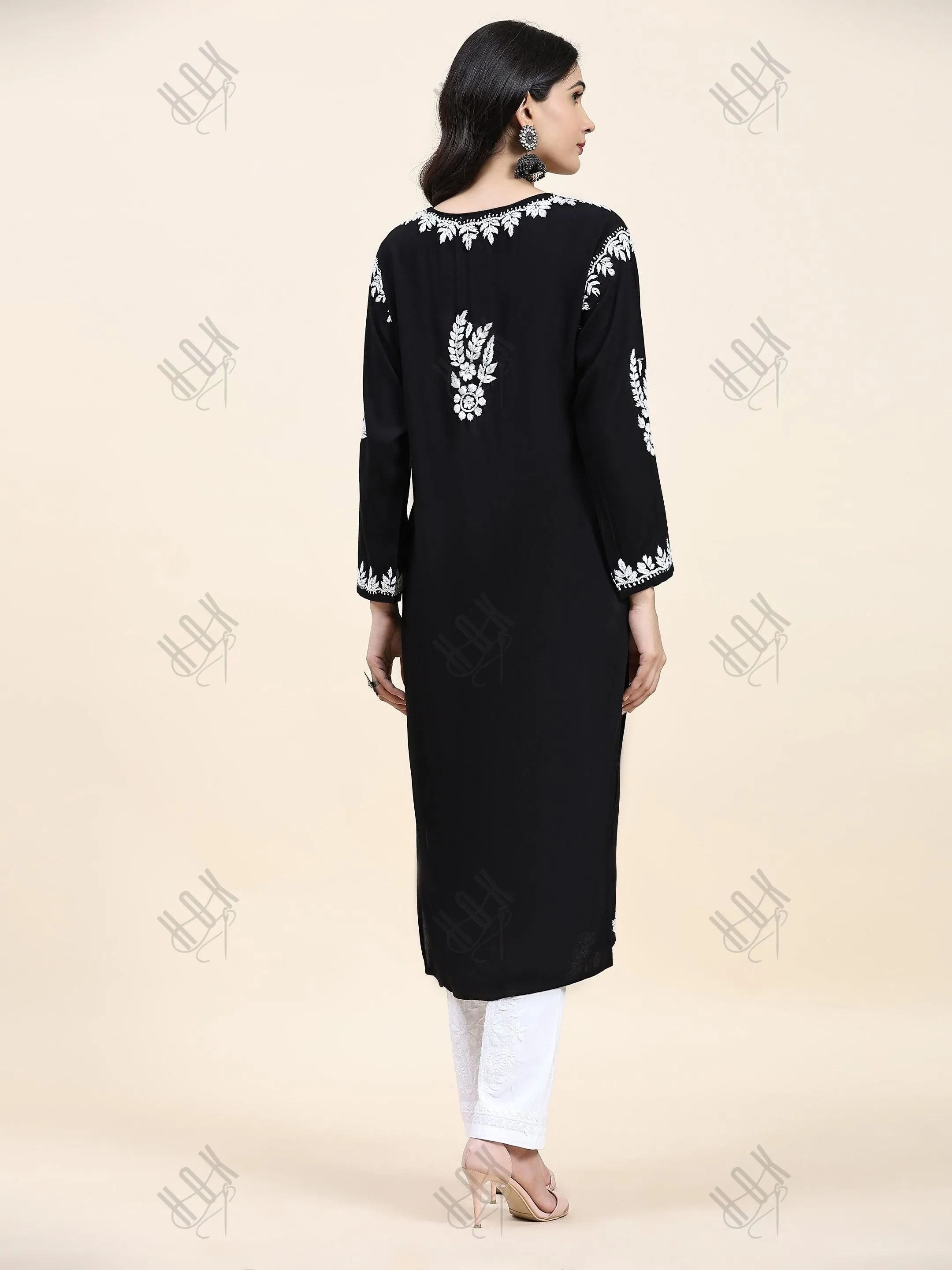 Aditi in HOK Chikankari Long Kurta in Modal Cotton for Women- Black