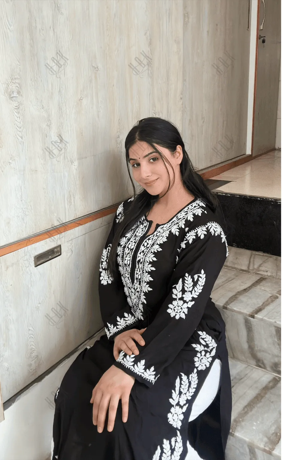 Aditi in HOK Chikankari Long Kurta in Modal Cotton for Women- Black