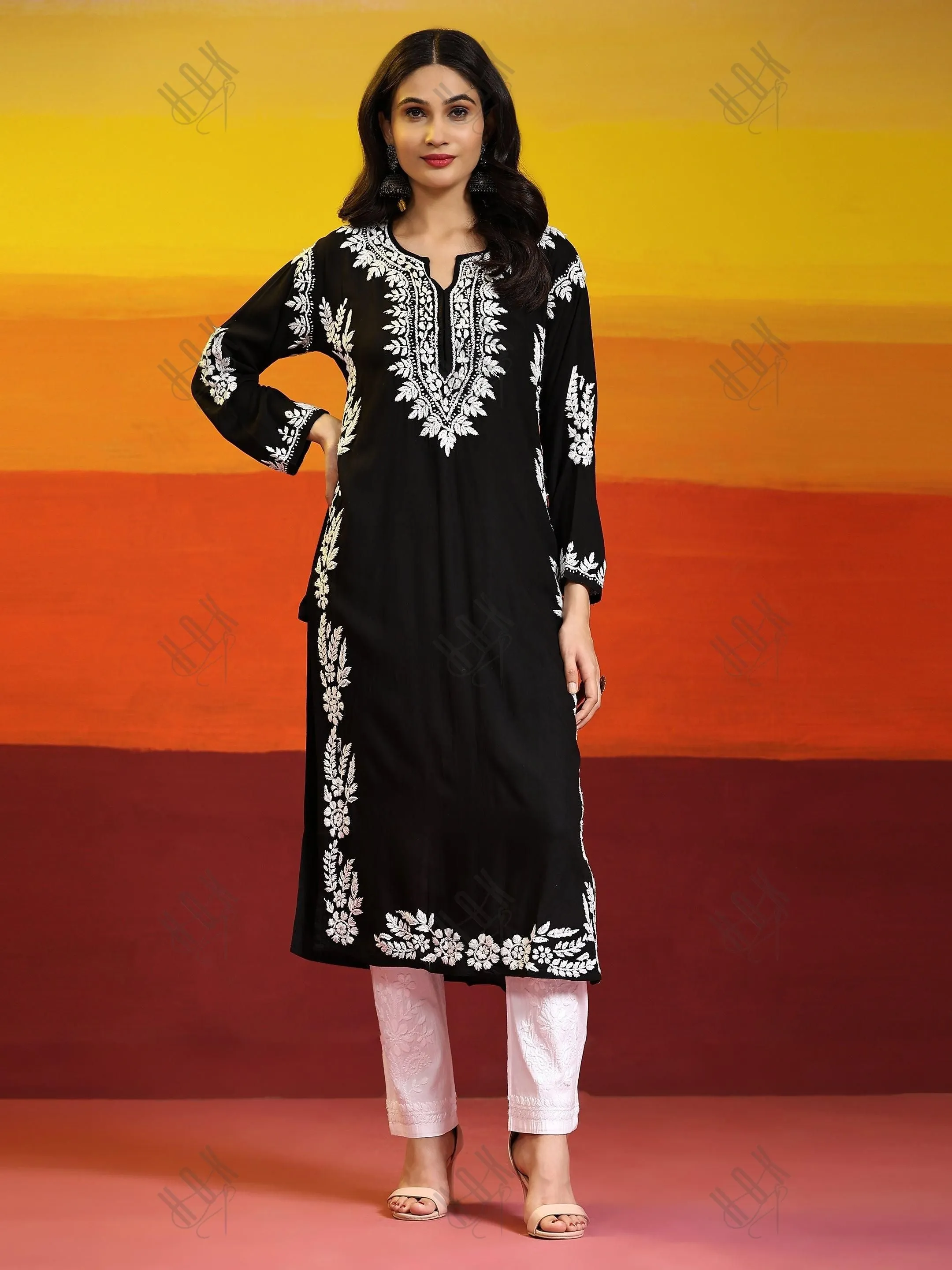 Aditi in HOK Chikankari Long Kurta in Modal Cotton for Women- Black