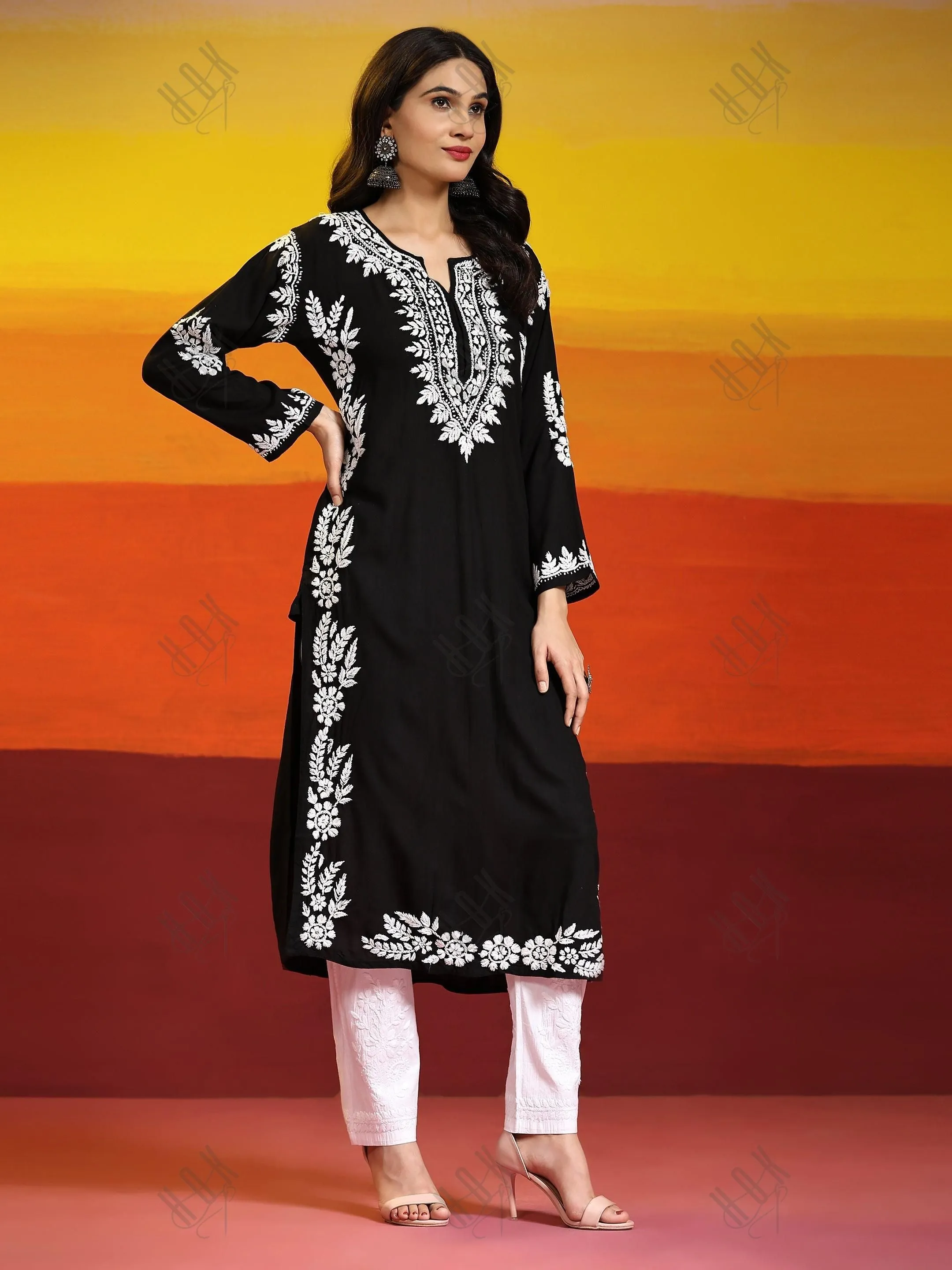 Aditi in HOK Chikankari Long Kurta in Modal Cotton for Women- Black