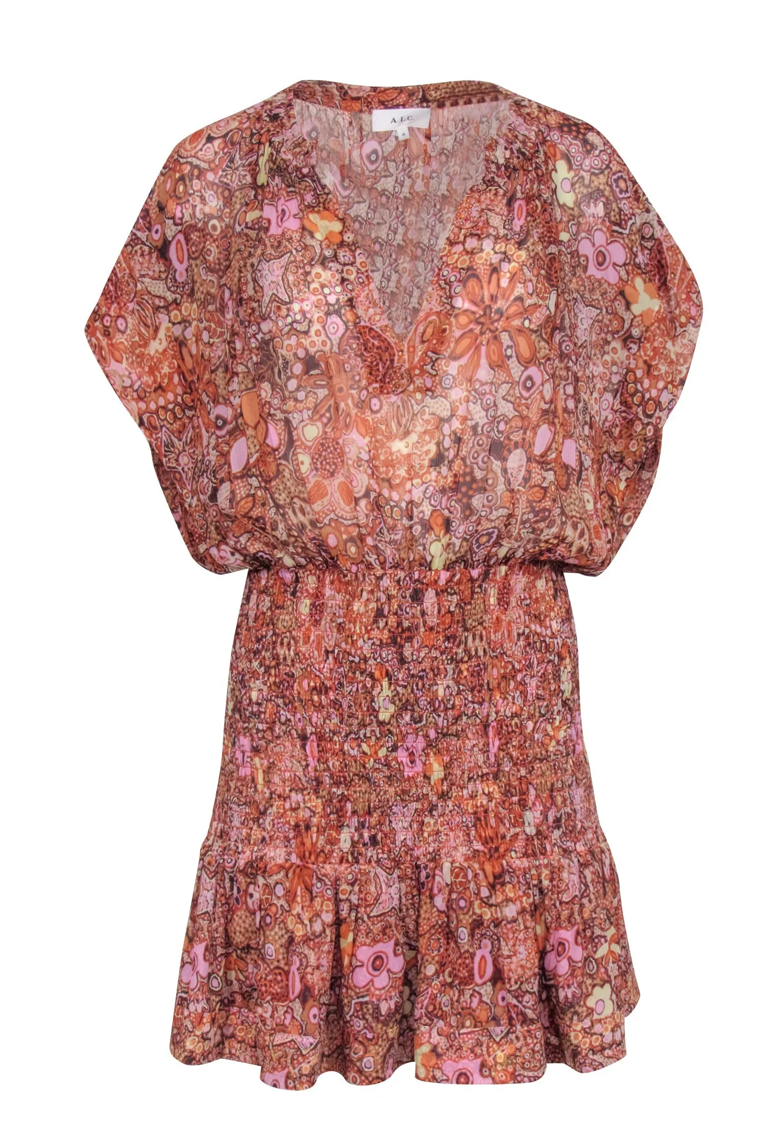 A.L.C. - Orange & Pink Paisley Print Smocked Bottom Dress Sz 14