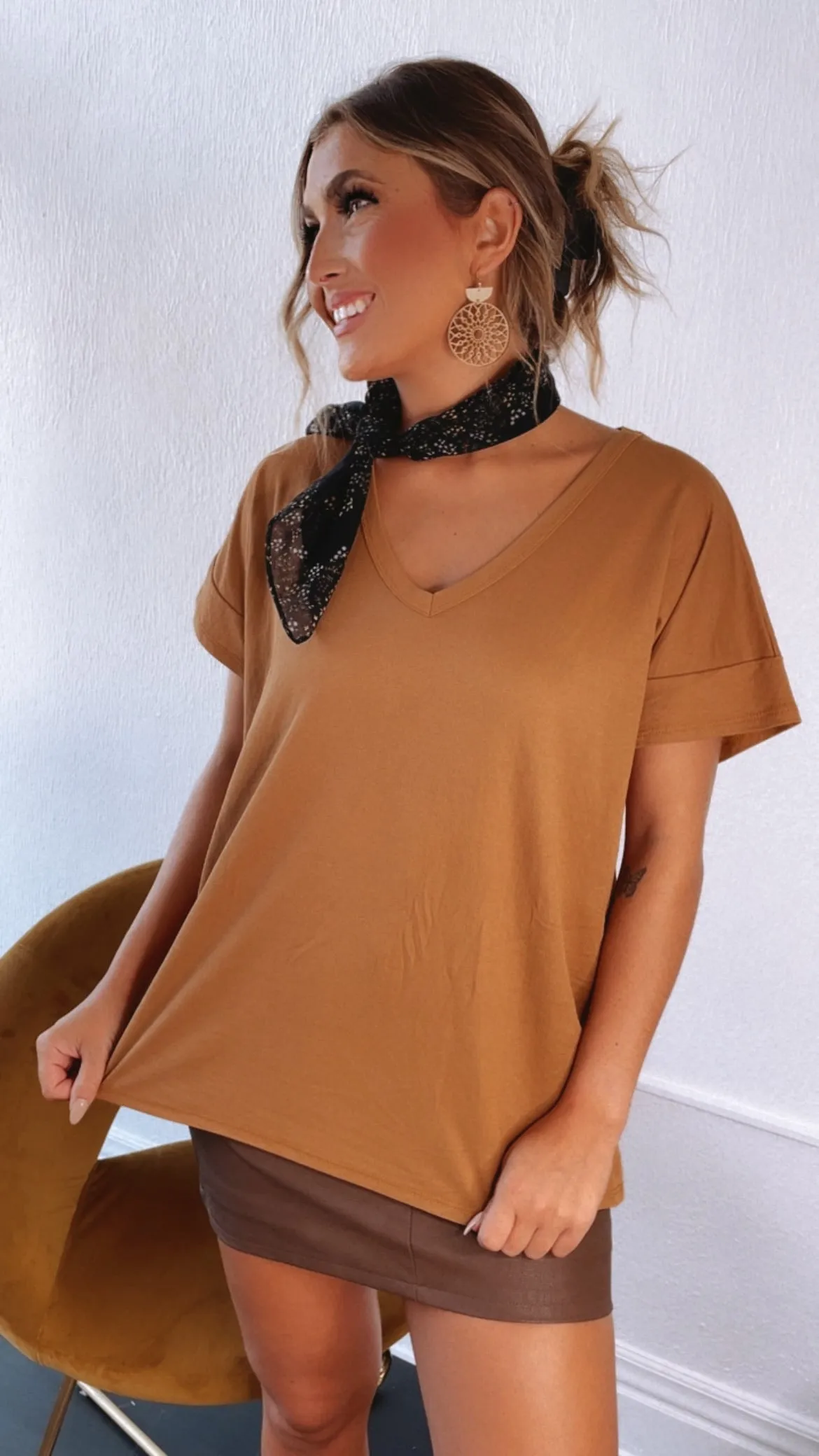 All Basic V Neck Tee, Dusty Mustard