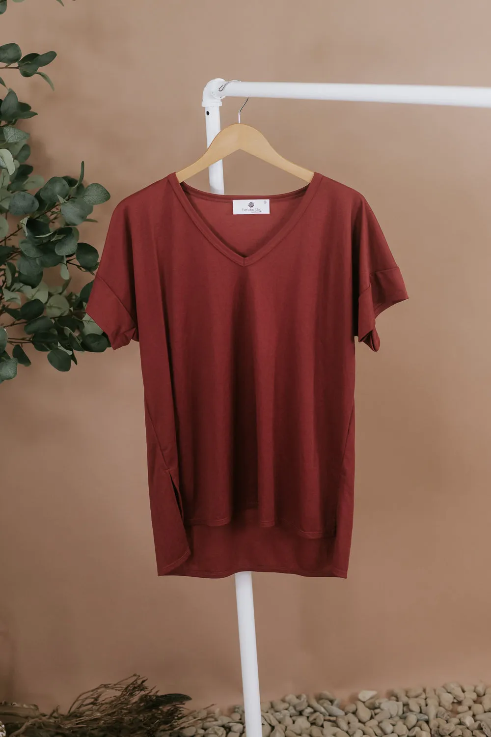 All Basic V Neck Tee, Red Brown