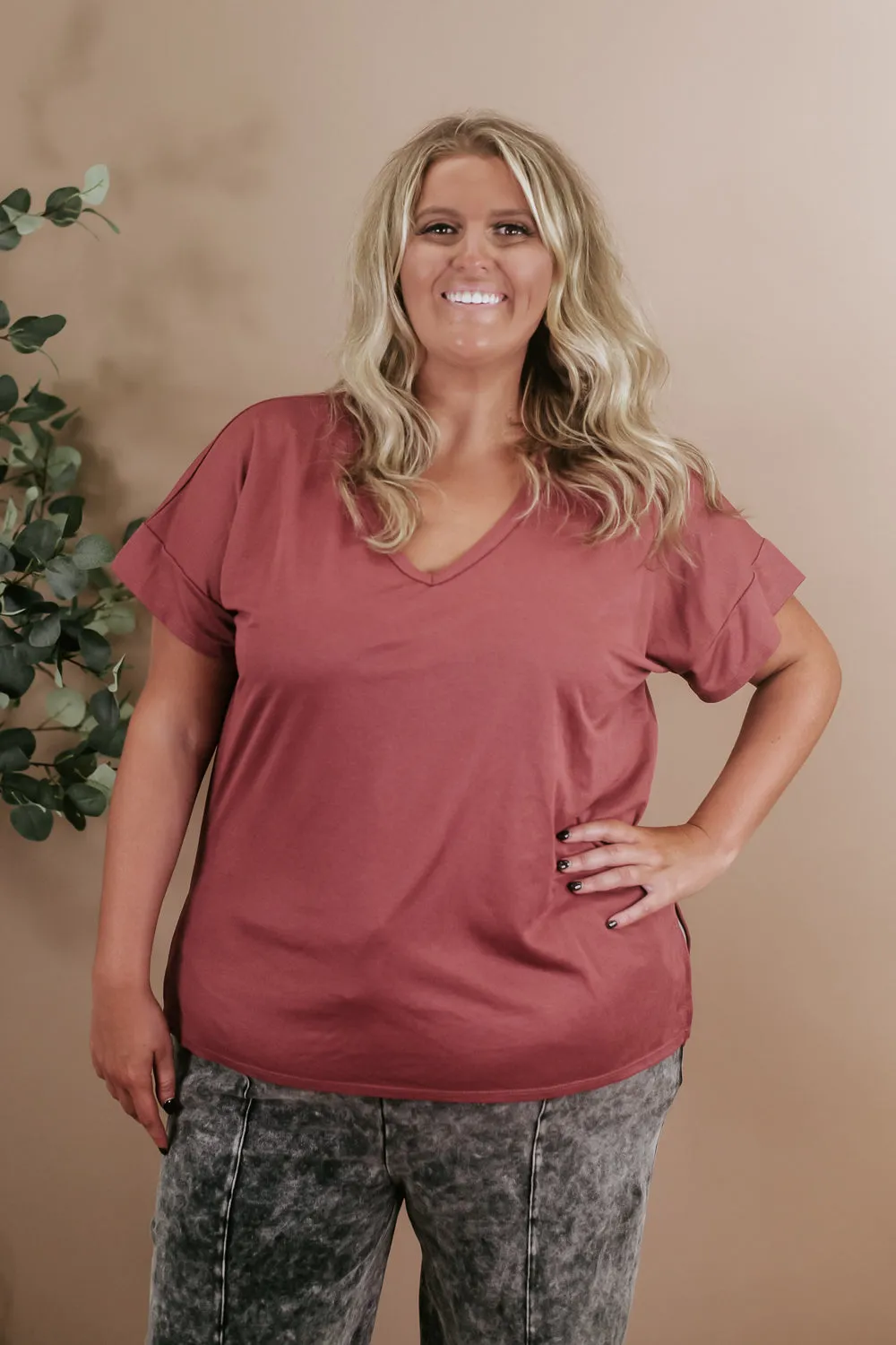 All Basic V Neck Tee, Red Brown