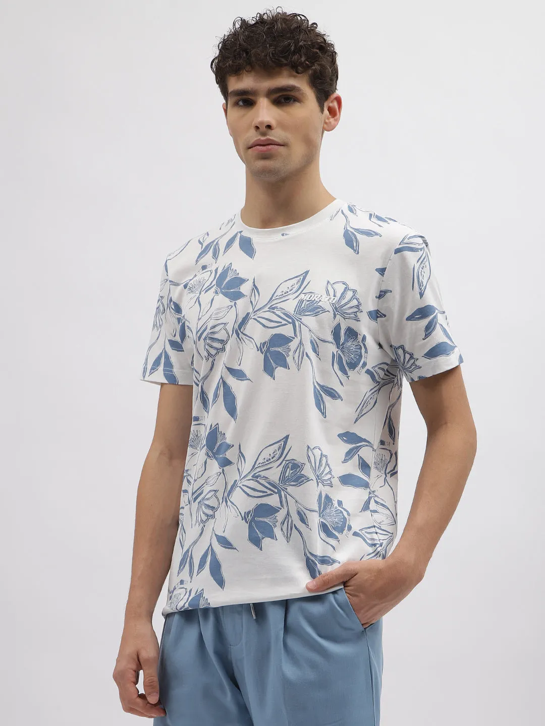 Antony Morato Men Blue Printed Round Neck Short Sleeves T-Shirt