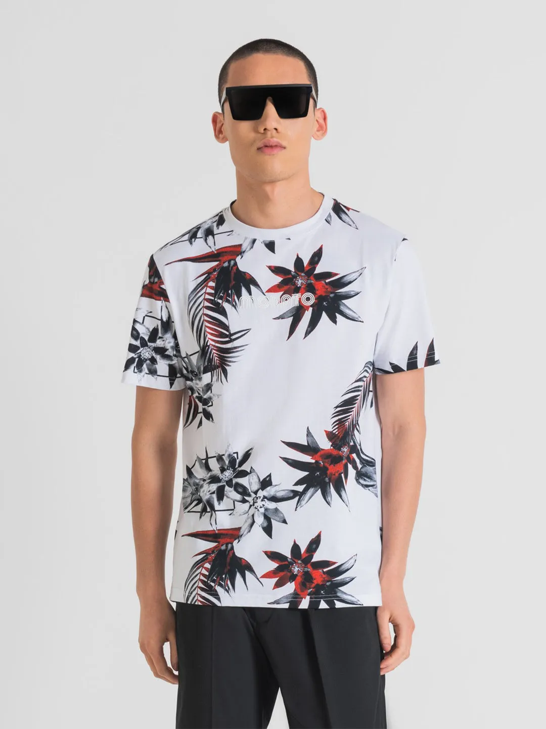 Antony Morato Men White Printed Round Neck Short Sleeves T-shirt