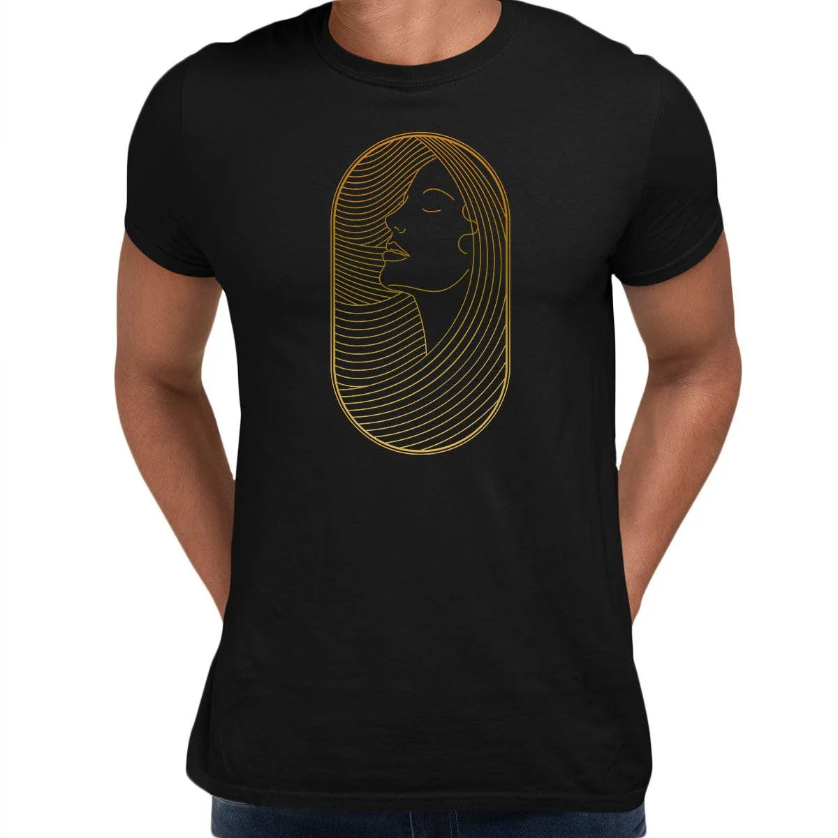 Art Deco Elegant Portraits Unisex T-shirt Golden Nostalgia Soft Line Design 10