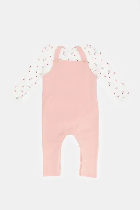 Babies Pink And White Dungaree Set (2 Piece)