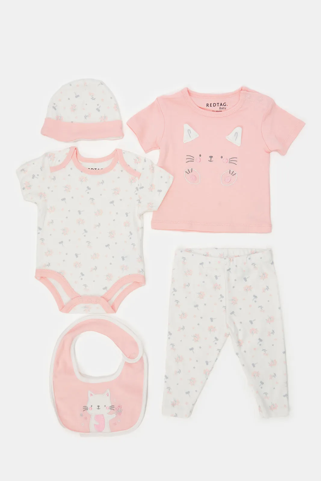 Babies Pink And White Printed Gift Set (5 Piece)