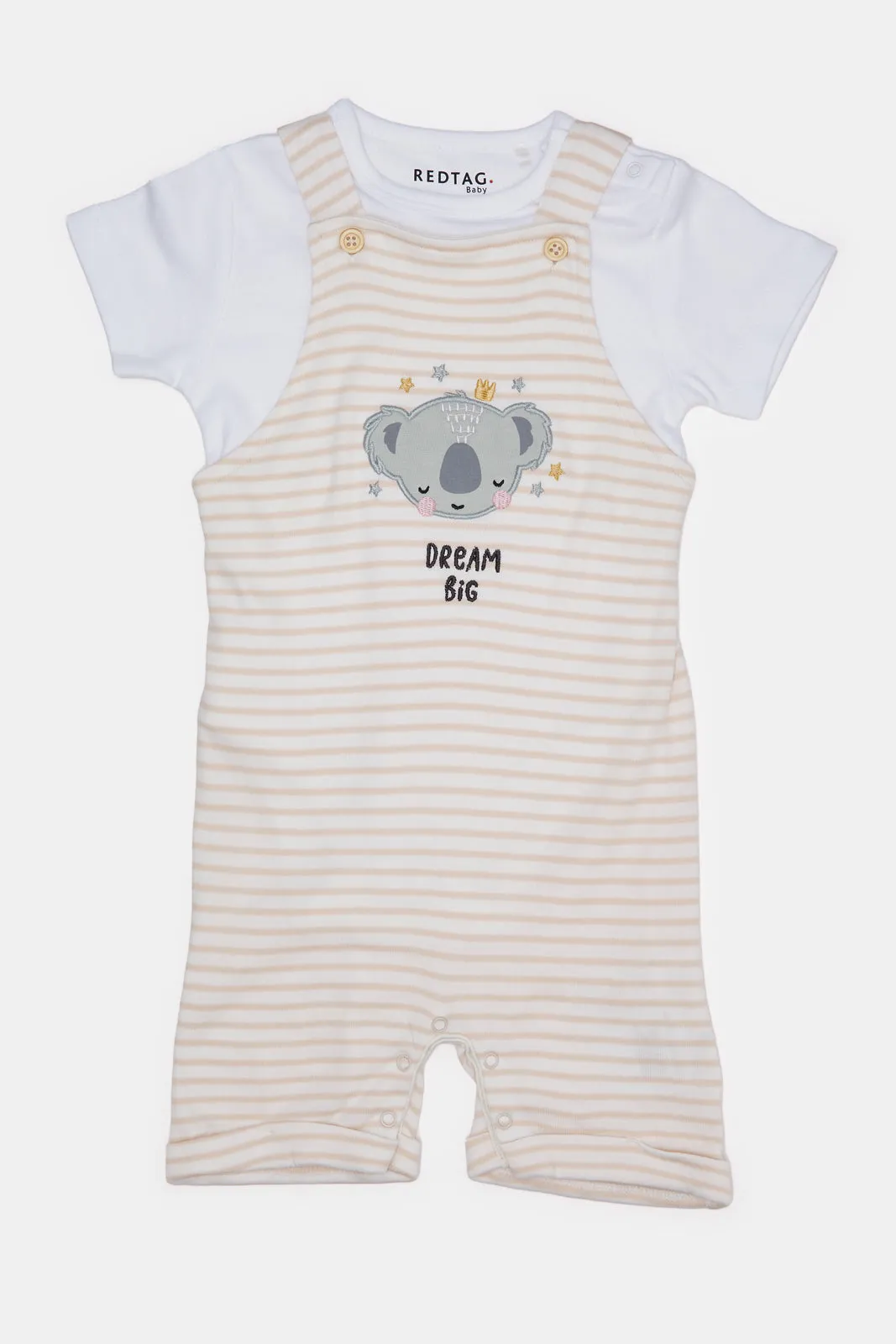 Baby Beige And White Printed Dungaree Set (2 Piece)