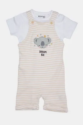 Baby Beige And White Printed Dungaree Set (2 Piece)