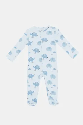 Baby Blue Elephant Allover Print Sleepsuit