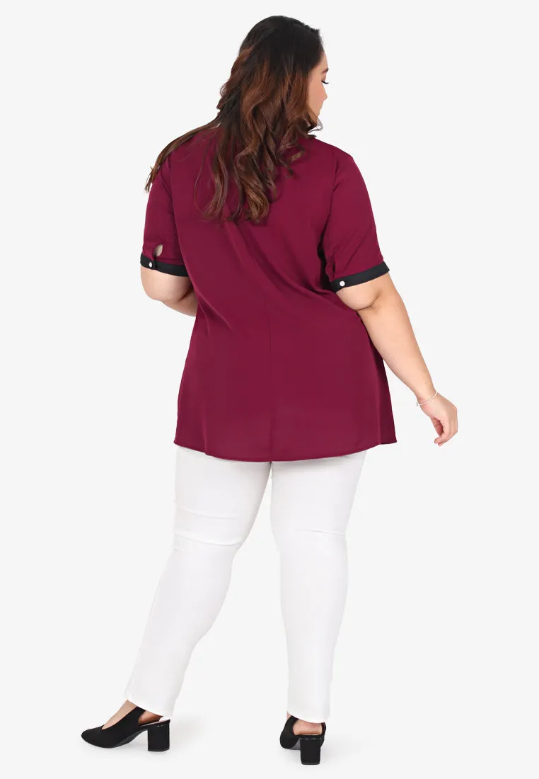 Becca Black Collar Short Sleeve Blouse - Maroon