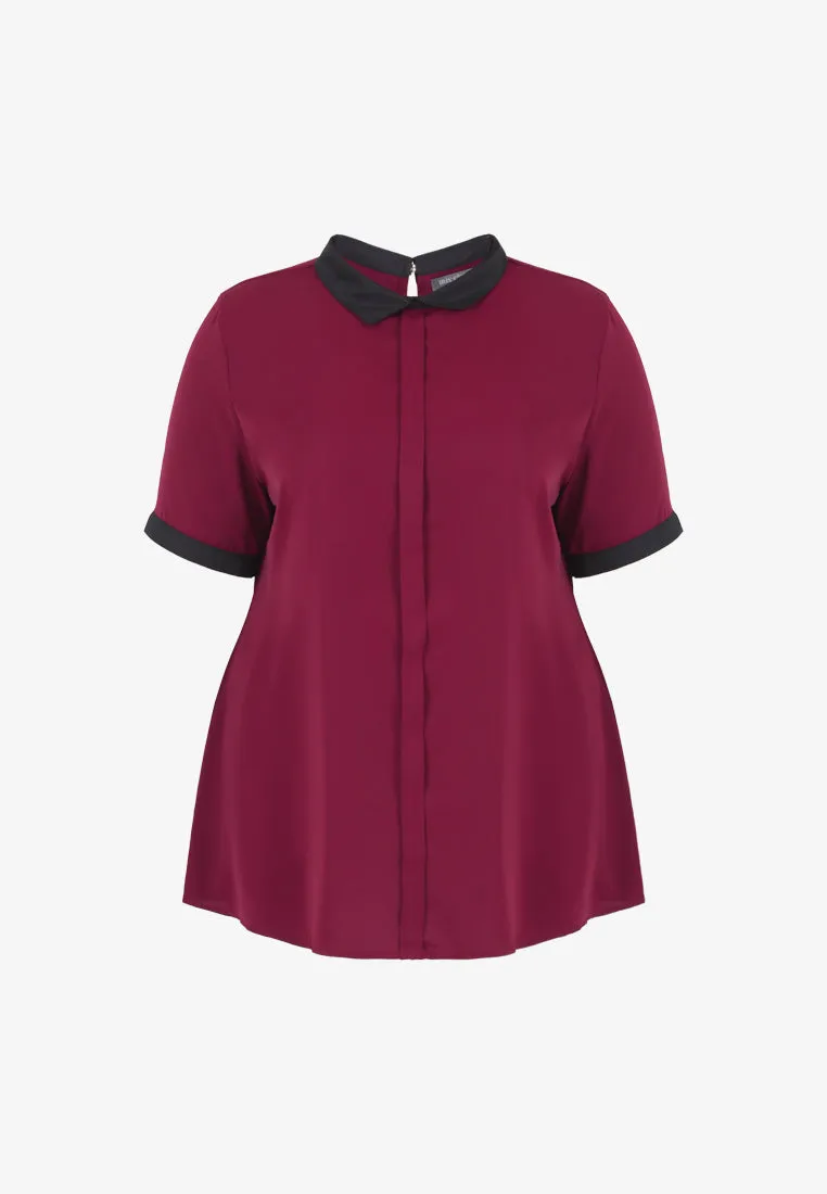 Becca Black Collar Short Sleeve Blouse - Maroon