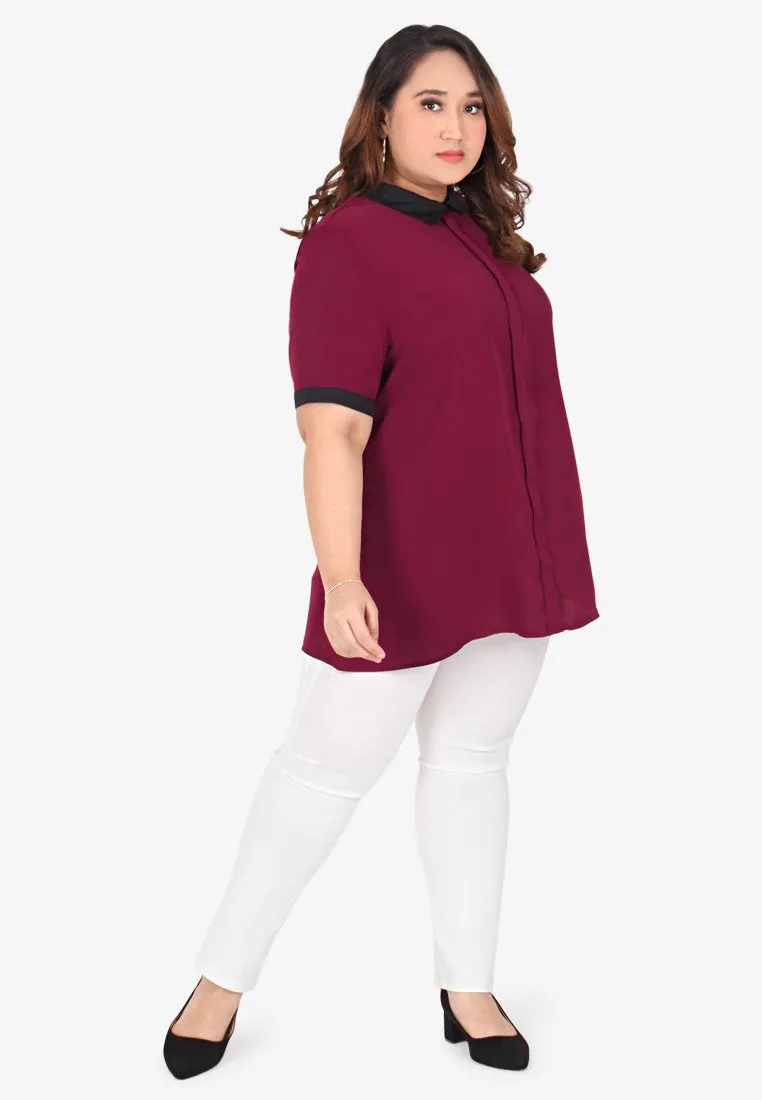 Becca Black Collar Short Sleeve Blouse - Maroon