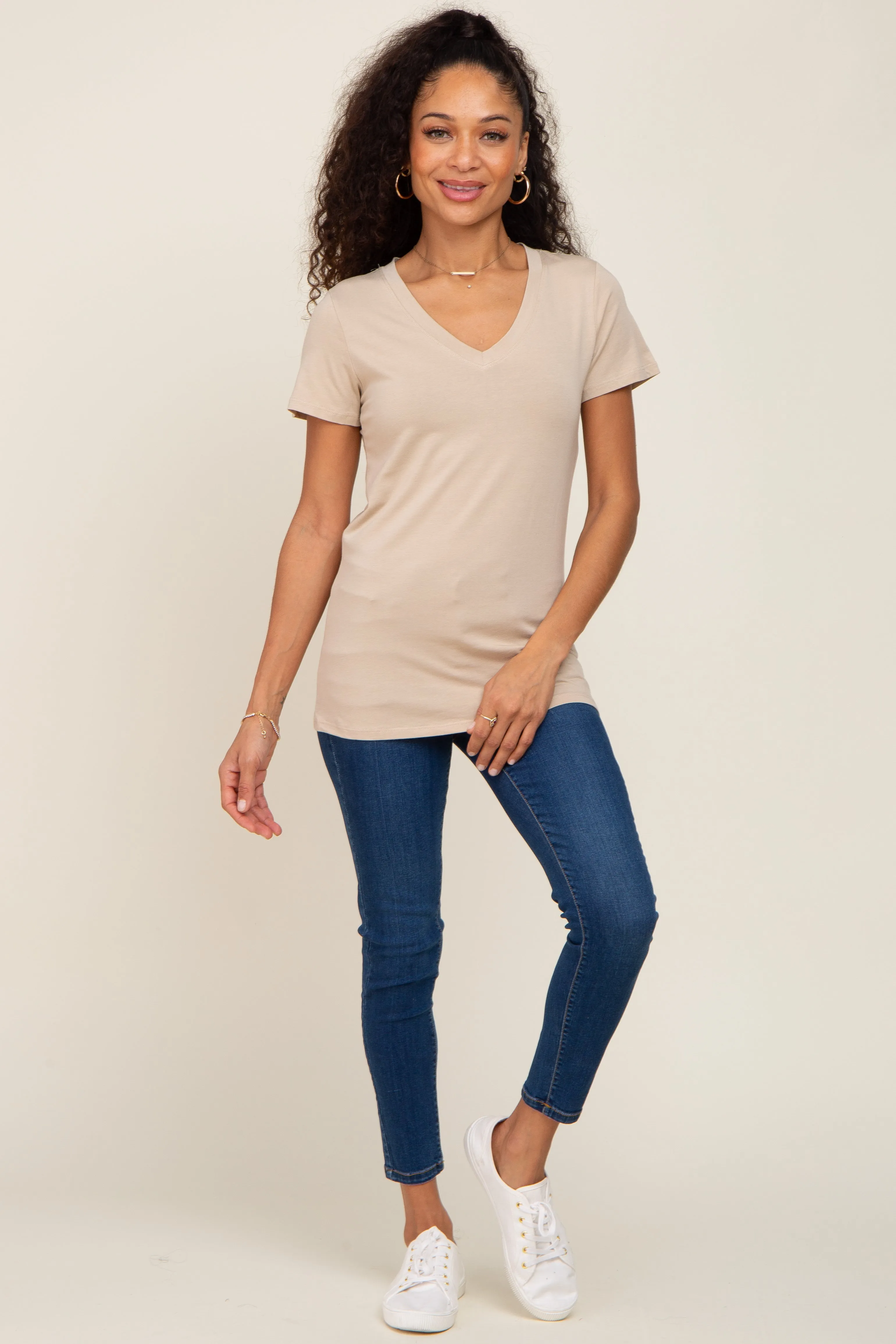 Beige Basic V-Neck Tee