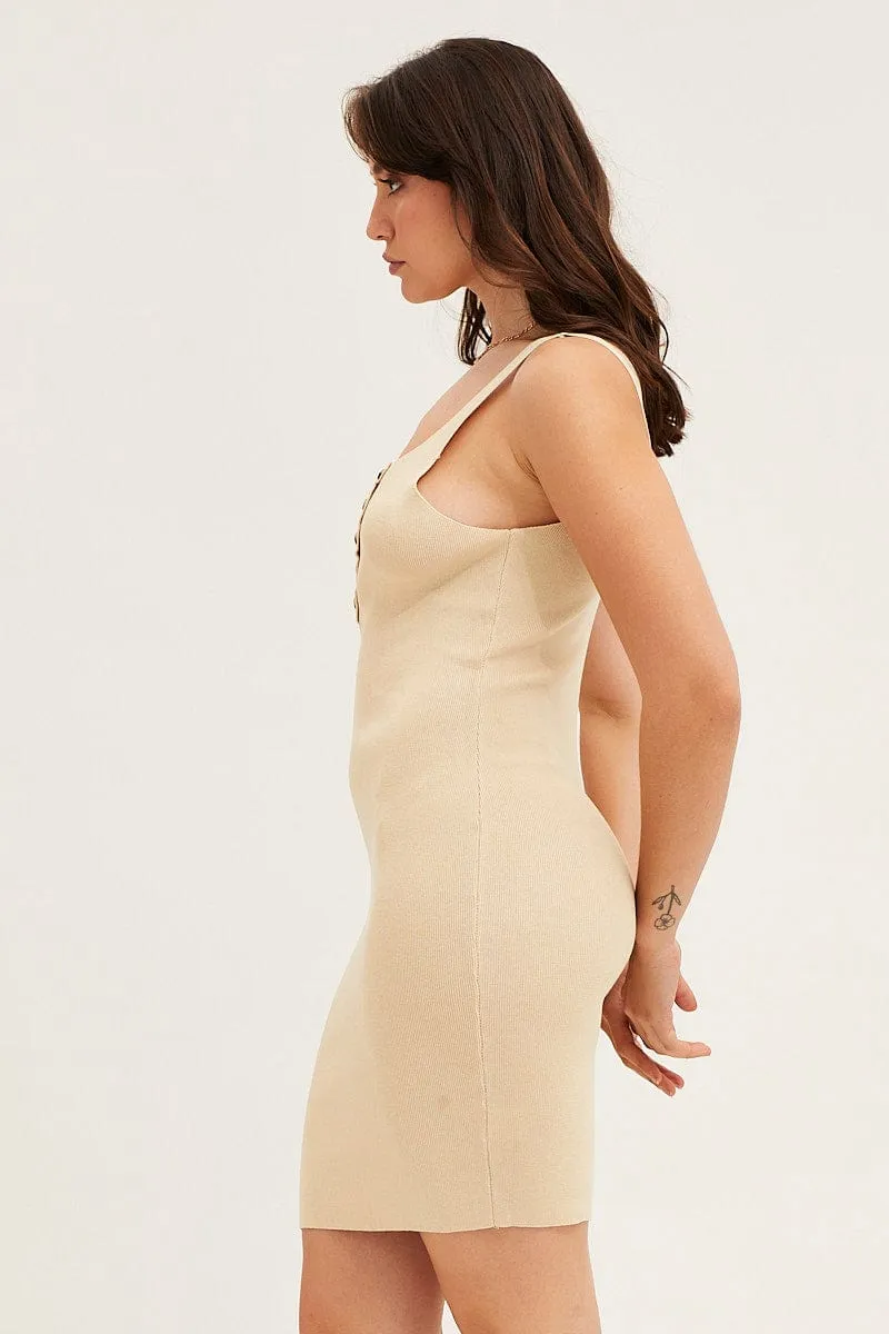 Beige Button Front Square Neck Kint Dress