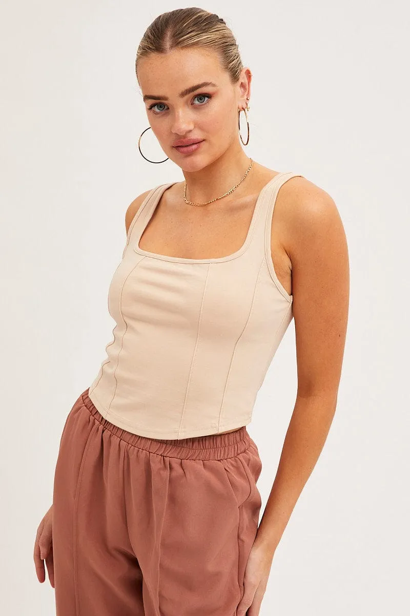 Beige Corset Tank Sleeveless Square Neck Crop Curved Hem