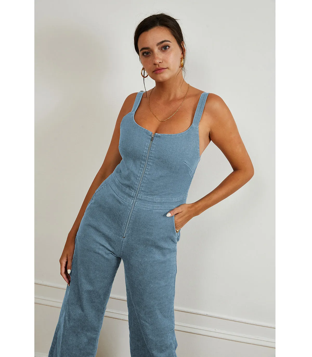 Billy Zip Front Wide Leg Jumpsuit - Light Indigo