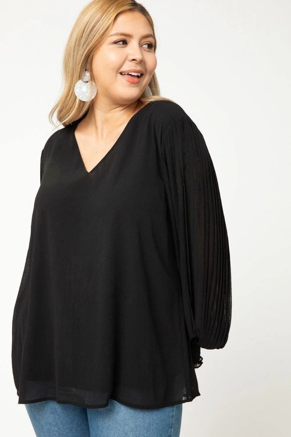 Black Pleated V-Neck Top