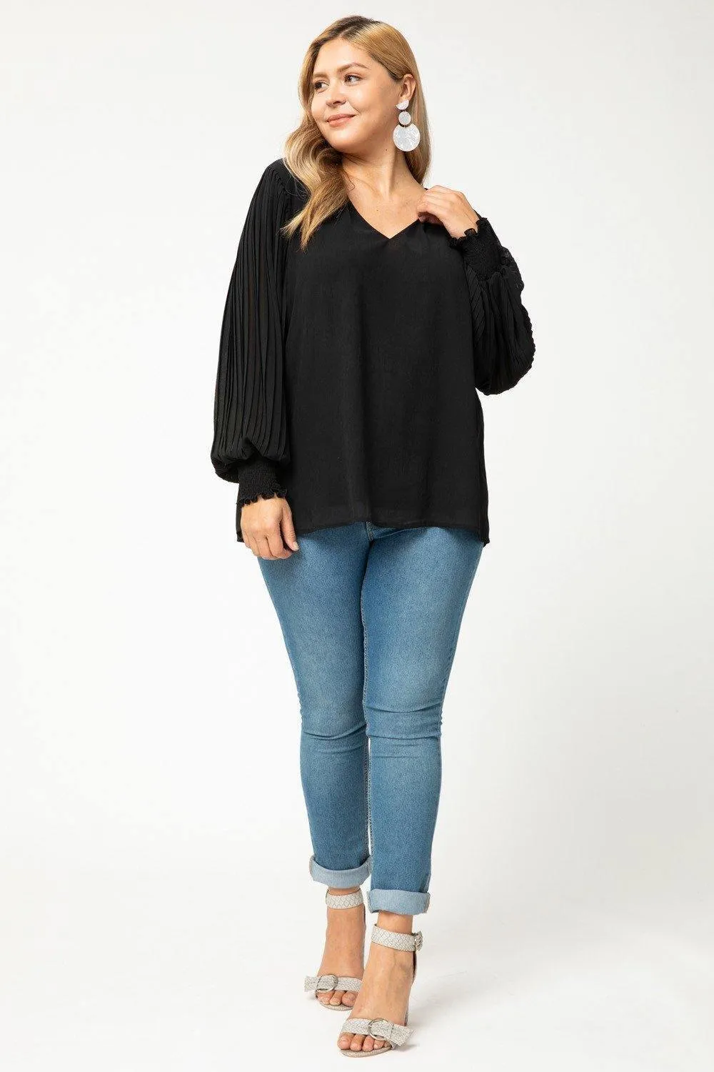 Black Pleated V-Neck Top