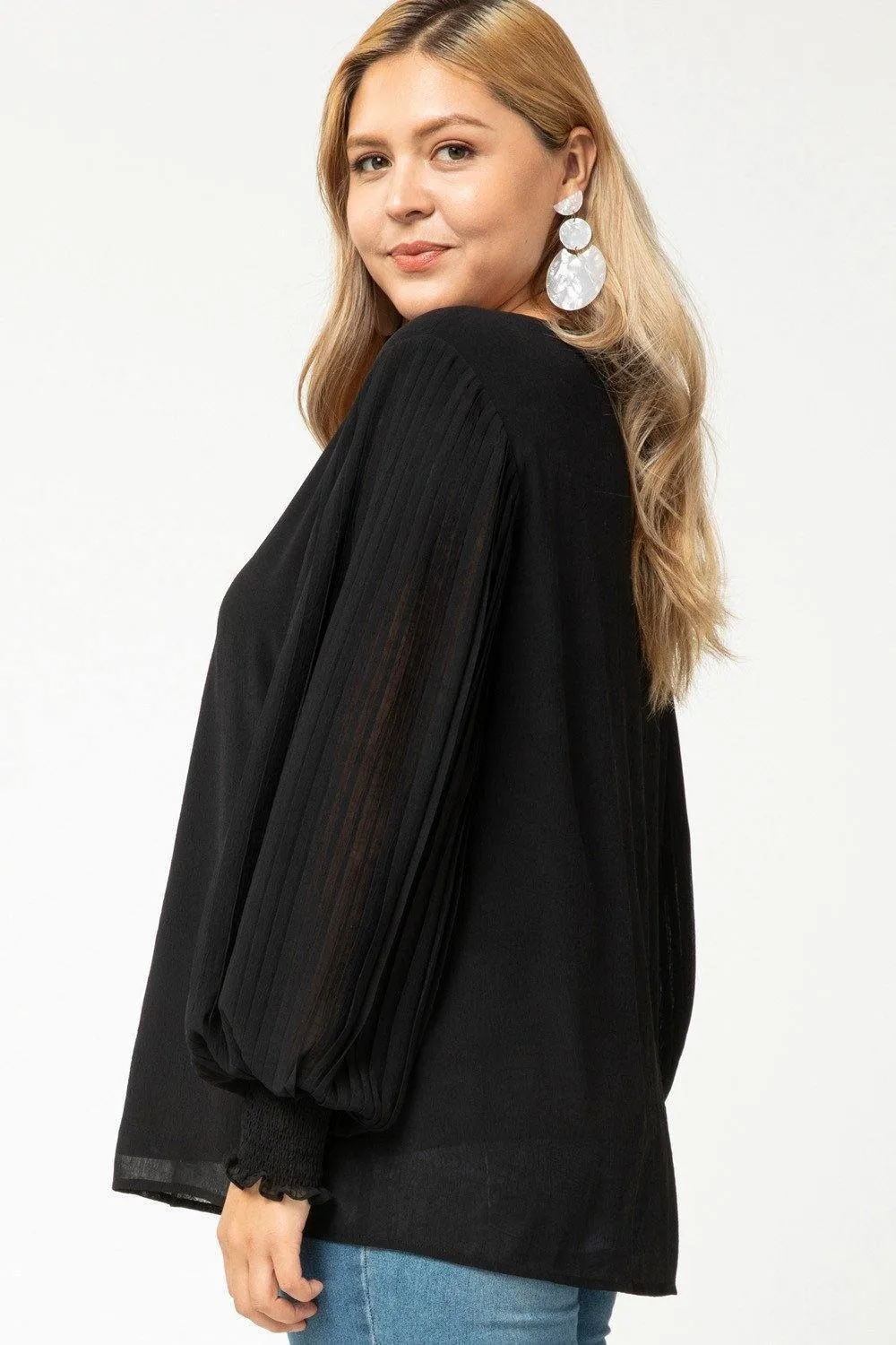 Black Pleated V-Neck Top