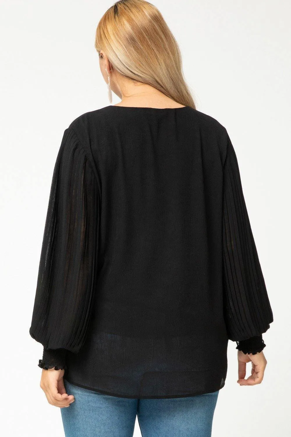 Black Pleated V-Neck Top