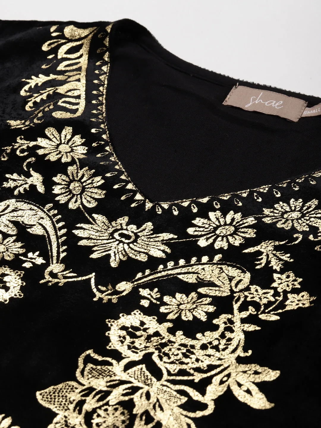 Black Velvet Foil Print Flared Sleeve Kurta