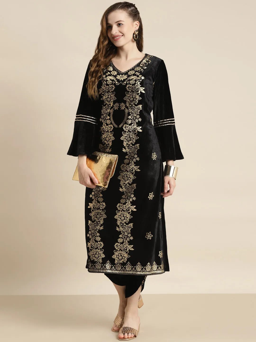 Black Velvet Foil Print Flared Sleeve Kurta