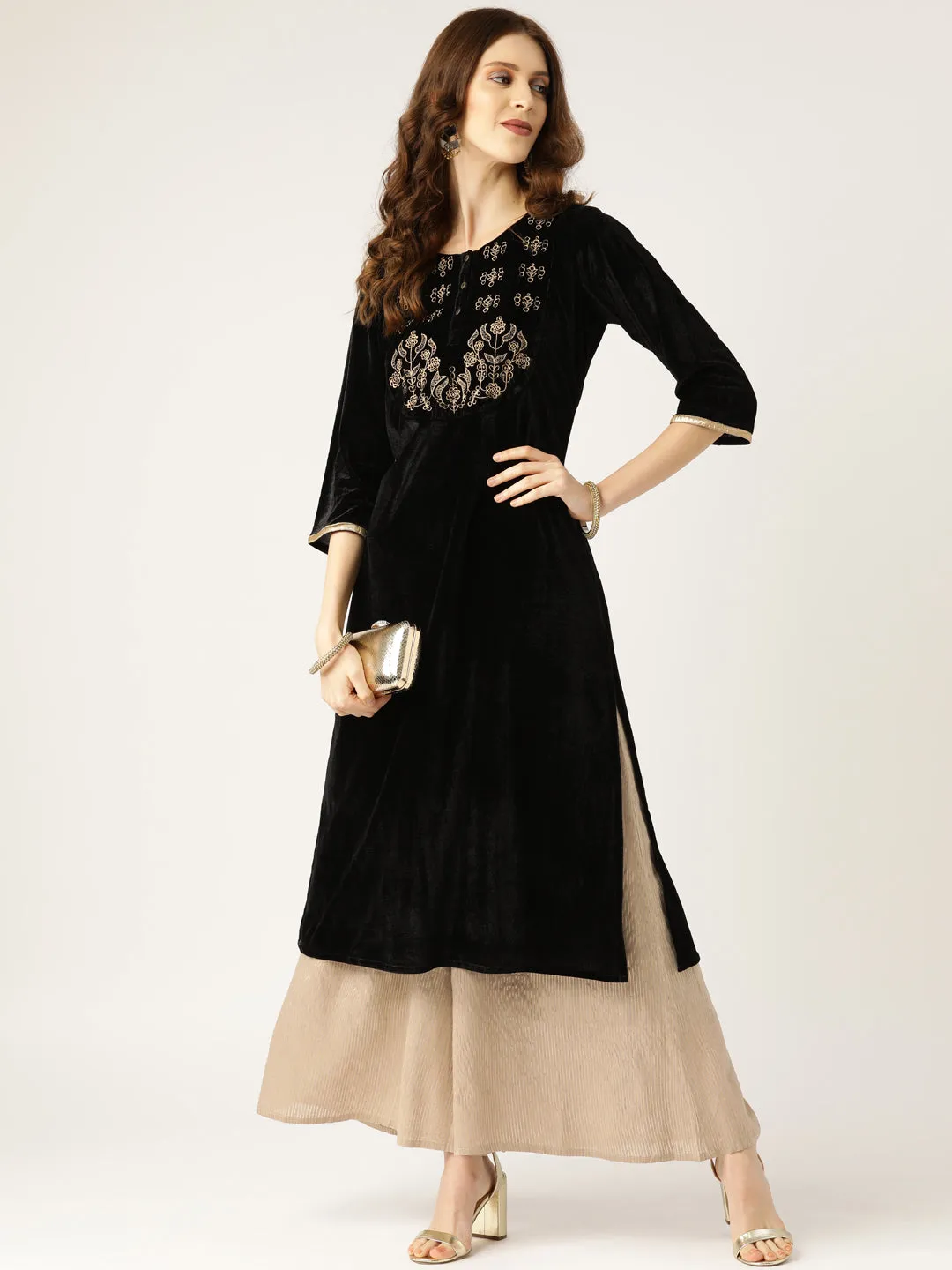 Black Zari Embroidered Velvet Kurta